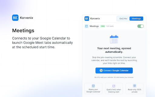 KoreTools :: GoLinks shortlinks, auto-launcher for Google Meet, Zoom & Teams, and meeting cost calculator.