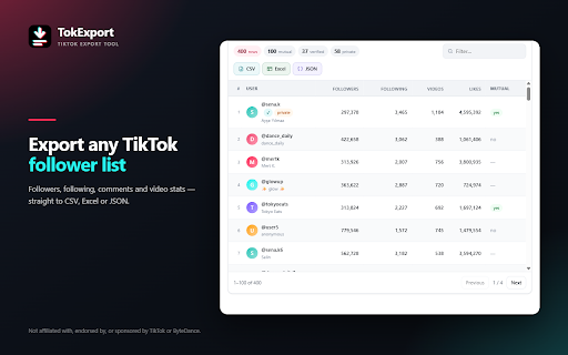 TokExport - TikTok Follower List, Following & Comment Export Tool :: TikTok comment export, follower list and following list to CSV, Excel or JSON. Long exports resume where TikTok stopped.
