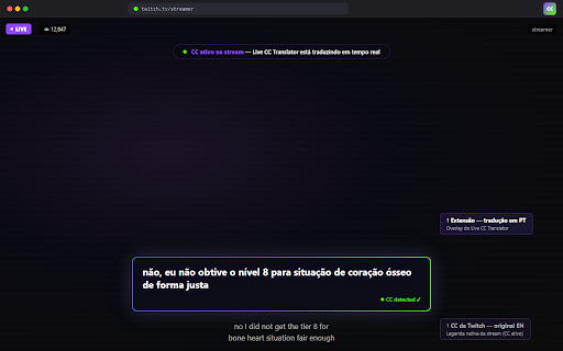 Live CC Translator :: Translate live subtitles on Twitch and Kick in real-time. 10 languages, no account needed. Enable CC in the player to translate.