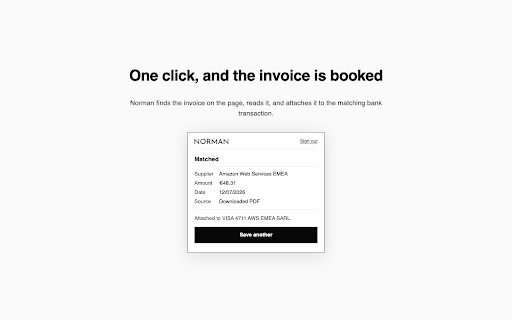 Norman — invoices into bookkeeping :: Save the invoice on any page straight into your Norman bookkeeping, matched to the right bank transaction.