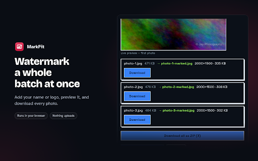 Watermark Images & Photos in Bulk | MarkFit :: Add your text or logo watermark to many photos at once — entirely on your device. Live preview, ZIP export.
