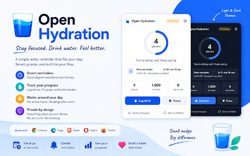 Open Hydration: Water Reminder :: Maintain your focus and stay hydrated. An open source, privacy-first water reminder built for desk workers.