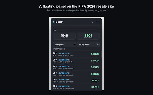 Kickoff — Resale Seat Price Tracker :: Track every resale seat and price as you browse the official FIFA World Cup 2026 ticket site. Built for fans, not flippers.