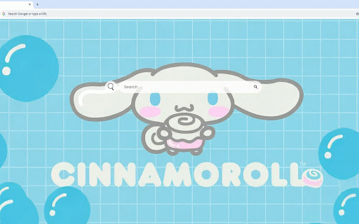 Cinnamoroll Pastel Live Wallpaper :: Adorable Cinnamoroll character floating among blue bubbles on soft pastel grid background.