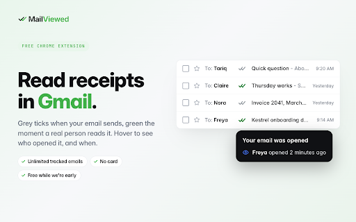 MailViewed - Free Email Tracker for Gmail :: Unlimited email tracking with real time read receipts. Know the moment your email is opened. No “sent with” branding, ever.