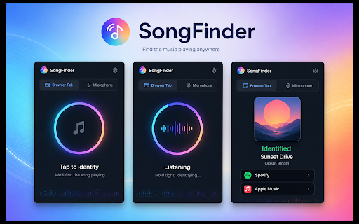 Song Finder - Song Identifier for Browser :: Identify music from the current tab or microphone, then view song details and listening links.