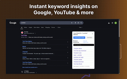 Free Keyword Explorer :: Use this extension to view website-specific keywords, explore their popularity on Google Trends, and export them as a CSV