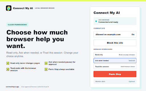 Connect My AI Bridge :: Connect local AI agents to your browser with selectable permissions, signed actions, Panic Stop, and an audit trail.