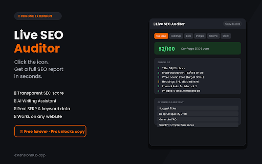 Live SEO Auditor :: Click the toolbar icon for instant SEO analysis of any page, keyword density, readability, headings, schema, and a transparent score