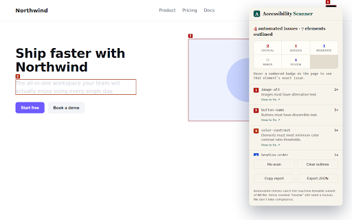Accessibility Scanner — WCAG, ADA & Color Contrast Checker :: Test any page for WCAG issues: color contrast, alt text, form labels, headings. Outlined where they are. No login, no email.