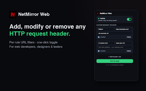 NetMirror Web :: NetMirror Web — add, modify or remove an HTTP request header for all requests on a website or URL.