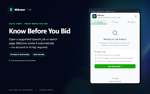 BidLume — Upwork Job Fit & Risk Analyzer :: Score Upwork jobs for risk, client quality, budget fit, and skill match. Optional BYOK AI.