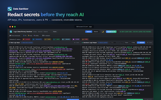 Data Sanitizer — Redact logs before AI :: Redact and tokenize IPs, hostnames, users, emails and secrets in logs before pasting into AI. 100% in your browser.