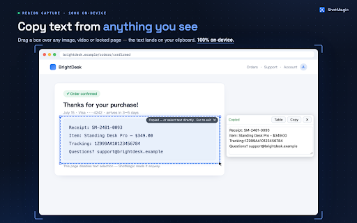 ShotMagic — Copy Text from Image, Offline OCR :: Copy text from any image, screenshot tables to Excel — select an area or right-click. 100% offline OCR, nothing leaves your device.