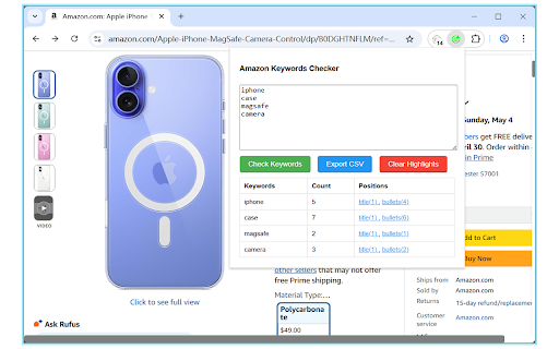 亚马逊产品页关键词检查器 :: 此扩展专门用于精准检查关键词在亚马逊产品详情页的出现状况。无论您是卖家想要优化产品文案以提高搜索排名,还是营销人员希望评估竞争对手的关键词策略,它都能为您提供全面且详细的信息。…