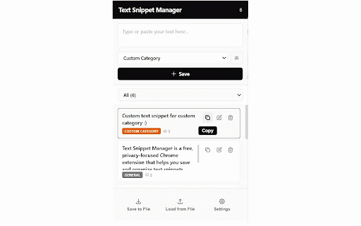 Text Snippet Manager :: Save and manage your favorite text snippets locally. Copy with one click. Organize with custom categories.