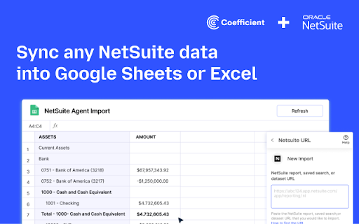 NetSuite Agent for Google Sheets & Excel by Coefficient :: A chrome extension to sync NetSuite Records, Saved Searches, Datasets & SuiteQL to Google Sheets or Excel — one click, auto-refresh.