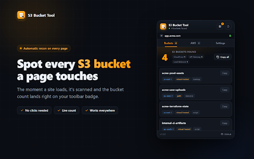 S3 Bucket Tool :: Find Amazon S3 buckets and related AWS resources on any site you visit, with a live count and a sleek popup. Runs fully locally.