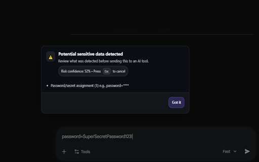 PromptGuard :: On-device protection against accidental sensitive-data leaks to AI chat tools.
