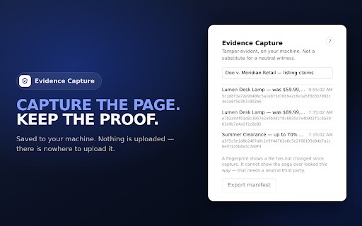 Evidence Capture — Webpage Archive & Proof :: 📸 Save any page as a hash-verified, timestamped archive — tamper-evident proof. 7-day free trial.