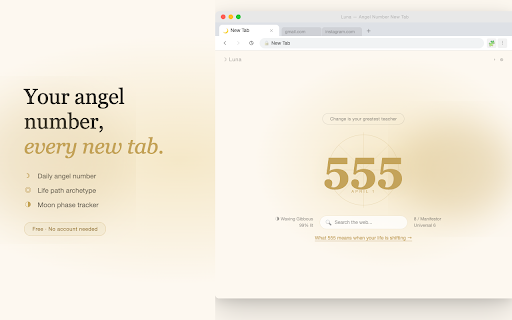 luna: daily angel numbers new tab :: Experience daily inspiration with Luna's spiritual new tab. Explore angel numbers, life path insights, and moon phases.