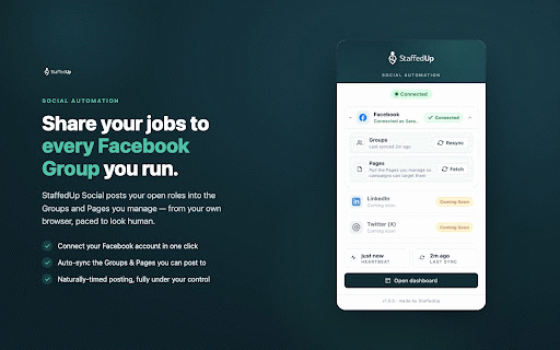 StaffedUp Social :: Distribute job postings from StaffedUp to your Facebook Groups via your own browser session.