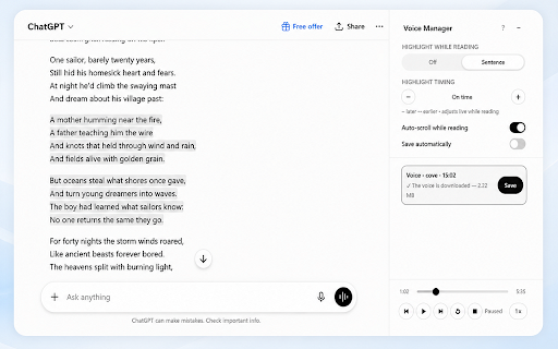 Chatgpt Voice Manager :: Downloads ChatGPT 'Read aloud' audio as it streams and highlights the sentence/word being spoken.