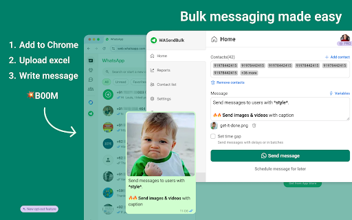 WASendBulk Bulk WhatsApp Sender for FREE :: Upload contacts, personalize messages, and hit send — fast, simple, and no number saving needed.
