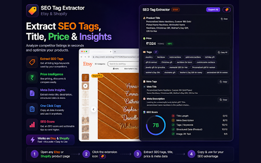 SEO Tag Extractor — Etsy & Shopify :: Extract competitor tags, keywords, meta data & prices from Etsy and Shopify listings in one click. Perfect for.