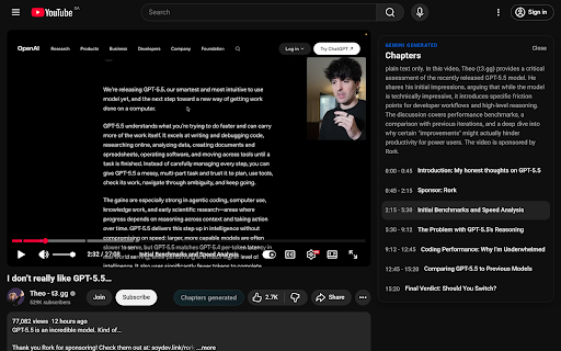 Auto Chapters for YouTube :: Generate YouTube timestamps and fallback chapters with Gemini, without API keys, on videos without native chapters.
