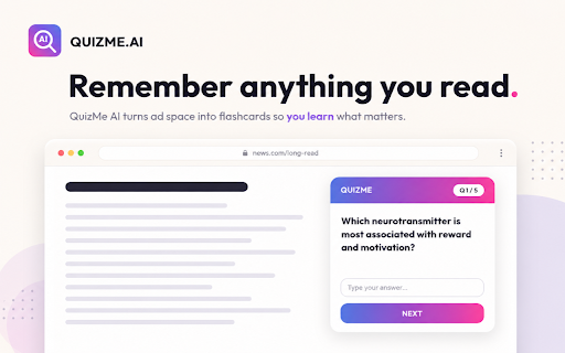 QuizMe — Remember anything you read. :: Turn anything you read into spaced-repetition flashcards. Review in ad slots as you browse the web.