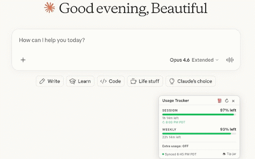 Usage Tracker for Claude.ai :: See your Claude.ai usage, limits & reset timers in a sleek overlay. Never switch tabs again. Not affiliated with Anthropic.