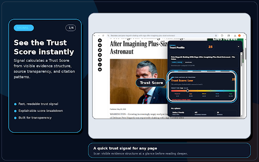 Signal - Trust Profile :: Browser-native trust scoring that exposes source transparency, citations, and evidence structure.