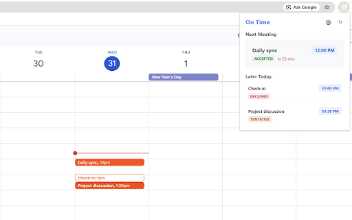 On Time - Meeting Launcher :: Automatically opens your Google Calendar meeting links one minute before they start.