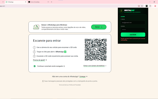 BrutalZap :: Conecta o WhatsApp Web à sua conta BrutalZap. Faça login, escolha um nome e envie a sessão ao sistema.