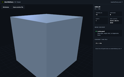 3D Viewer & Mesh Checker - STL, OBJ, 3MF, GLB :: Open STL, OBJ, 3MF, GLB & GLTF files 100% offline. Instant mesh checkup for 3D printing: watertight, holes, non-manifold edges.