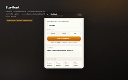 EtsyHunt — Etsy Niche Research :: Free local Etsy niche research: find keywords, audit listings, and download scored niche reports.