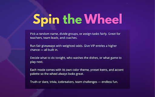 Spin the Wheel: Random Name Picker :: Feature-rich spin wheel for names, raffles, activities, parties & more. CSV import, weighted slices, themes, sounds.
