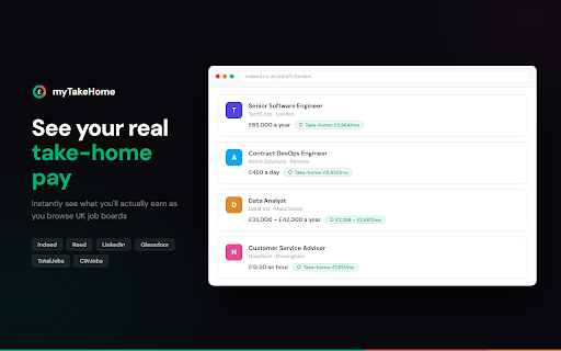 myTakeHome - UK Salary Calculator for Job Listings :: See your take-home pay instantly on UK job boards. Calculates net salary after tax, NI, student loans, and pension.