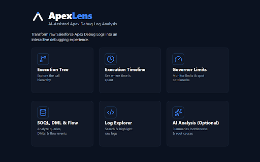 ApexLens :: ApexLens — AI-assisted Salesforce Apex debug log analysis.