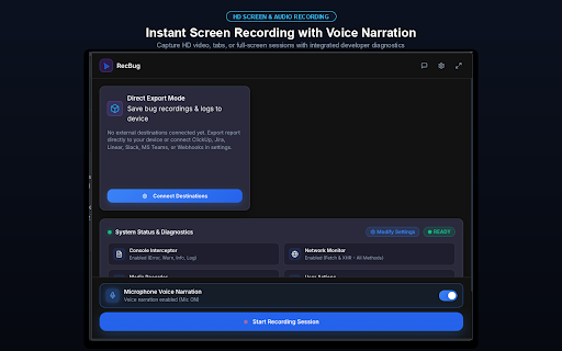 RecBug Extension :: Capture HD bug recordings, console logs, and network telemetry to create and export complete bug reports to your issue tracker.