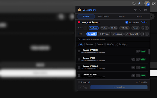 CookieXport :: Export cookies from the site you're on — save as a file or copy to your clipboard. Runs fully offline, no account needed.