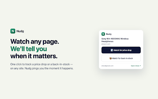 Nudg — Price Tracker & Back-in-Stock Alerts :: Price tracking for any product page — get a price drop or back-in-stock alert the moment it happens. One click to start.