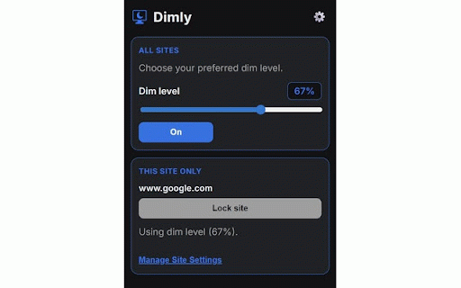 Dimly — Screen dimmer for bright pages :: Dim any site with a global slider or per-site levels. Quick lock, scheduling, smooth fade.