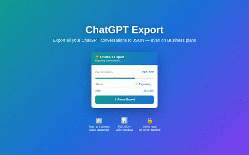 ChatGPT Export :: Export all your ChatGPT conversations to JSON, Markdown, Text, or HTML. Works with Team/Business plans.