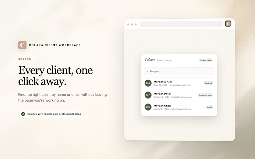 Colara Client Workspace :: Search clients, save notes, update workflows, and ask your workspace assistant from any Chrome tab.