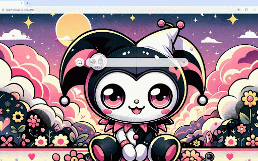 Kuromi Jester Live Wallpaper :: Kuromi in black and white jester outfit against dreamy sunset with pink clouds and flowers.