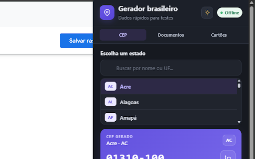 Gerador de CEP, CPF, CNPJ e Cartão :: Gere CEP, CPF, CNPJ e cartões de teste offline.