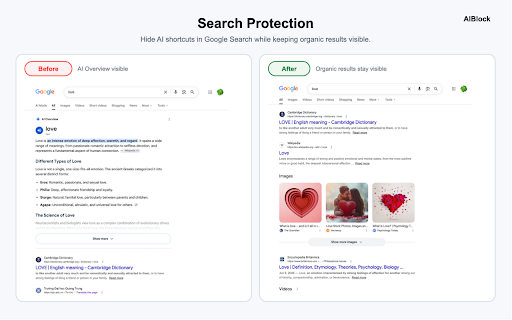 AIBlock: Hide AI Overviews & Pause AI :: Hide Google AI Overviews, clean up selected Workspace AI entry points, and pause before common AI tools. Free, local, no account.