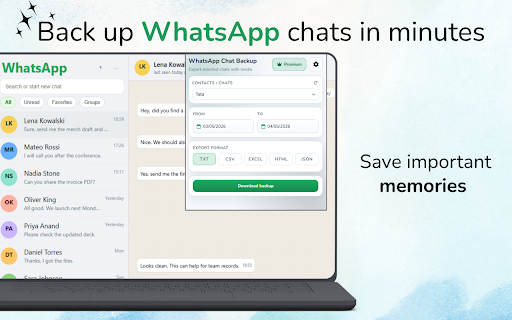 WhatsApp Web Chat Backup & Export - ChatVault :: Back up and export WhatsApp Web chats with media. Filter by date and download ZIP files in TXT, CSV, Excel, HTML or JSON.